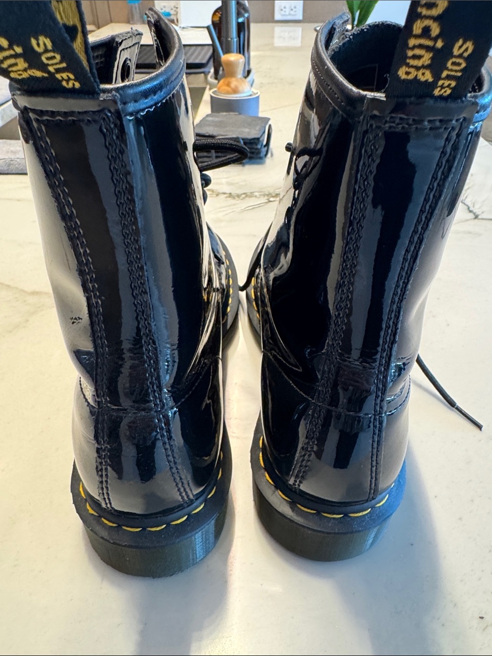 Dr. Martens Black Patent 8-Eye Lace-Up Boots with Yellow Stitching - Picture 9 of 11